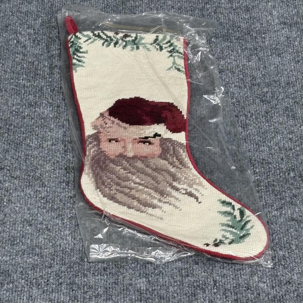 Wool Needlepoint Christmas Stocking 15x22 Santa Claus Face Red Backing Holiday - Picture 1 of 7